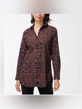 CHICO'S No Iron Stretch Animal Print Button Down Tunic Shirt Brown & Black Sz 6